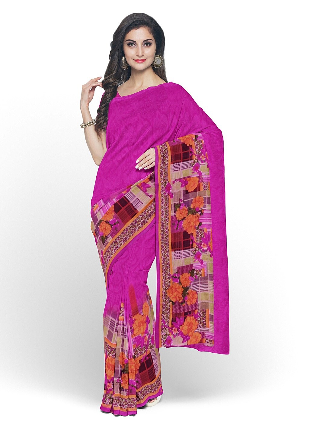 

SAADHVI Pink & Green Floral Pure Georgette Fusion Dharmavaram Saree