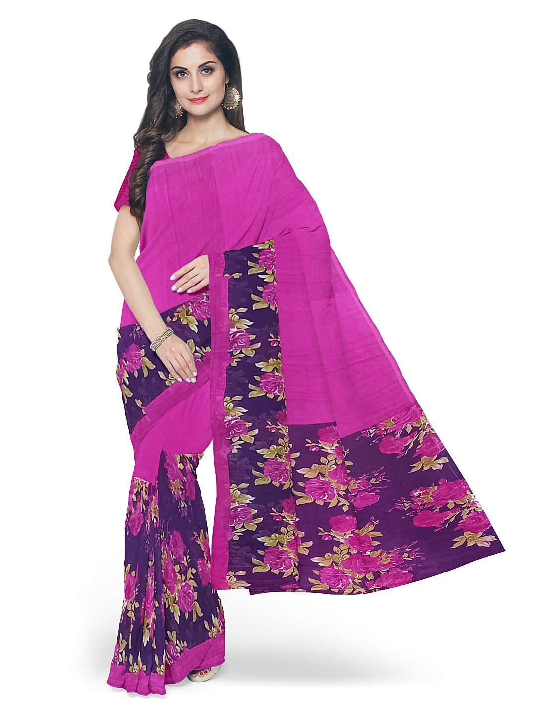 

SAADHVI Pink & Navy Blue Floral Pure Georgette Fusion Dharmavaram Saree