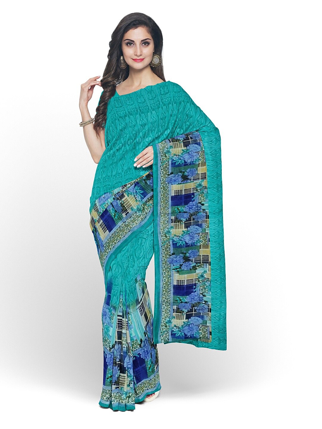 

SAADHVI Teal & Cream-Coloured Floral Pure Georgette Fusion Dharmavaram Saree