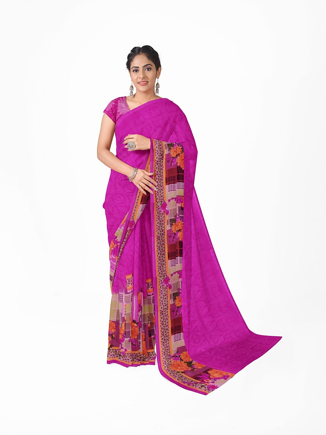 

SAADHVI Pink & Orange Floral Pure Georgette Dharmavaram Saree