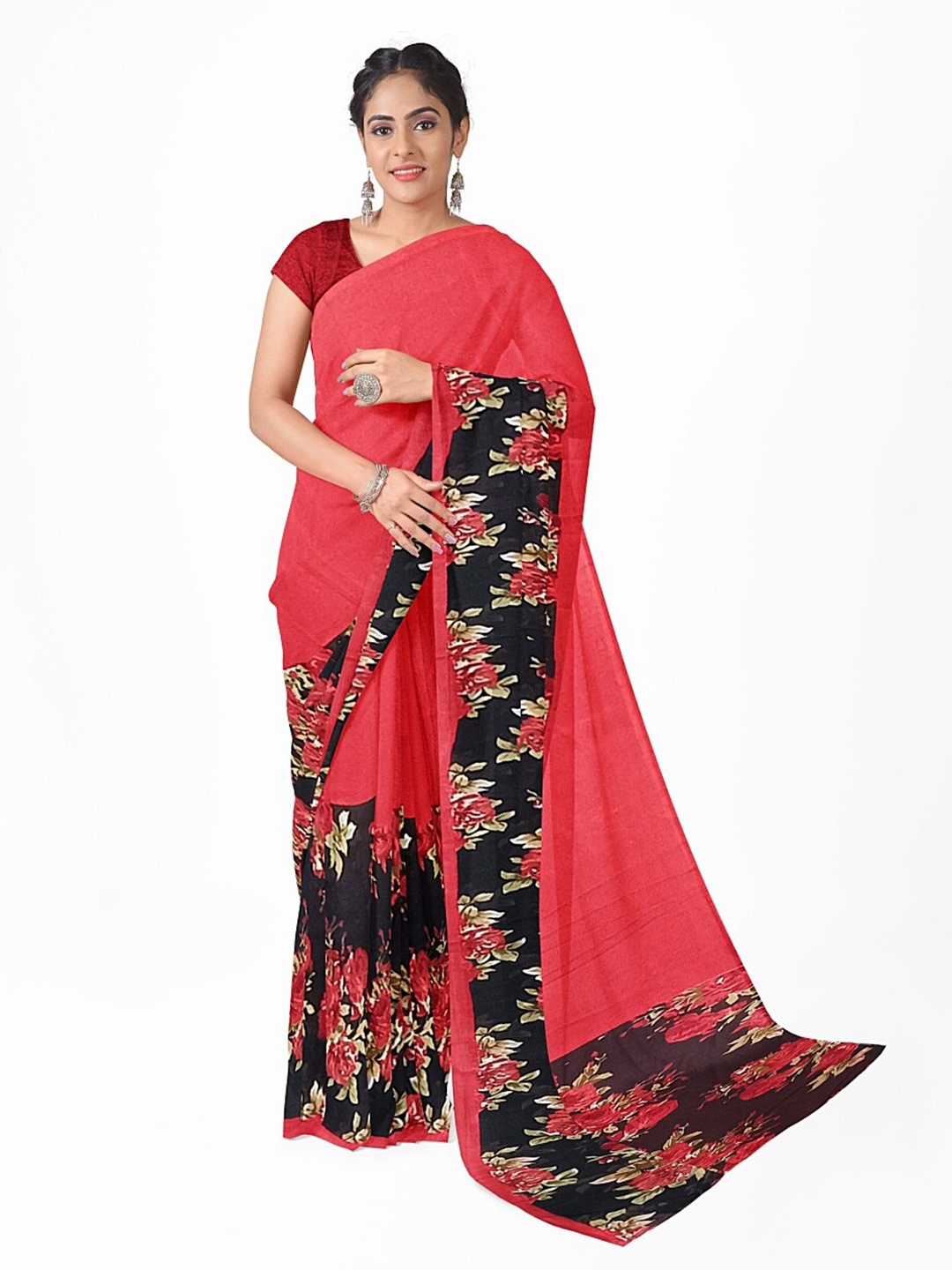 SAADHVI Red & Black Floral Pure Georgette Saree