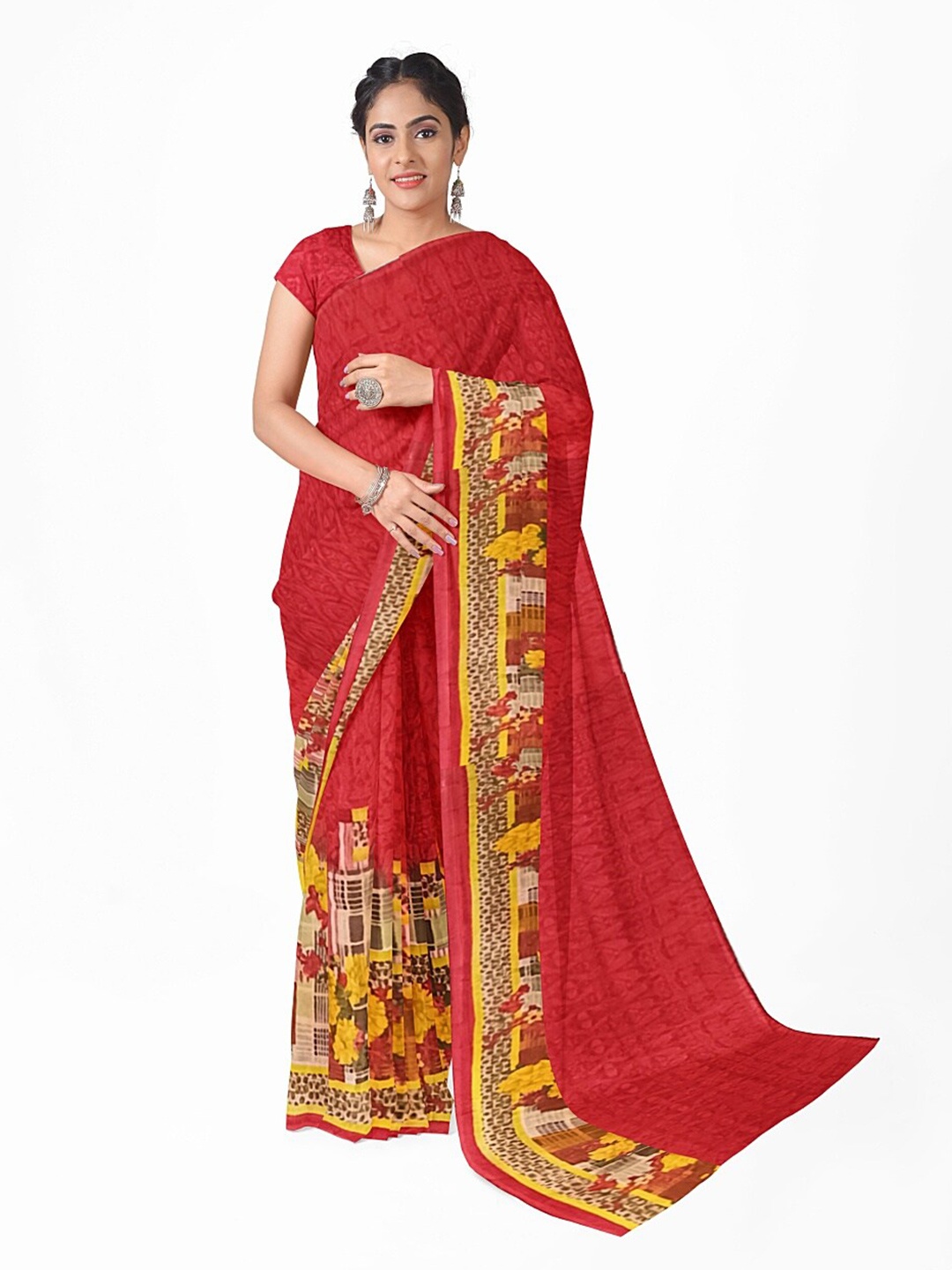 

SAADHVI Red & Yellow Floral Pure Georgette Saree