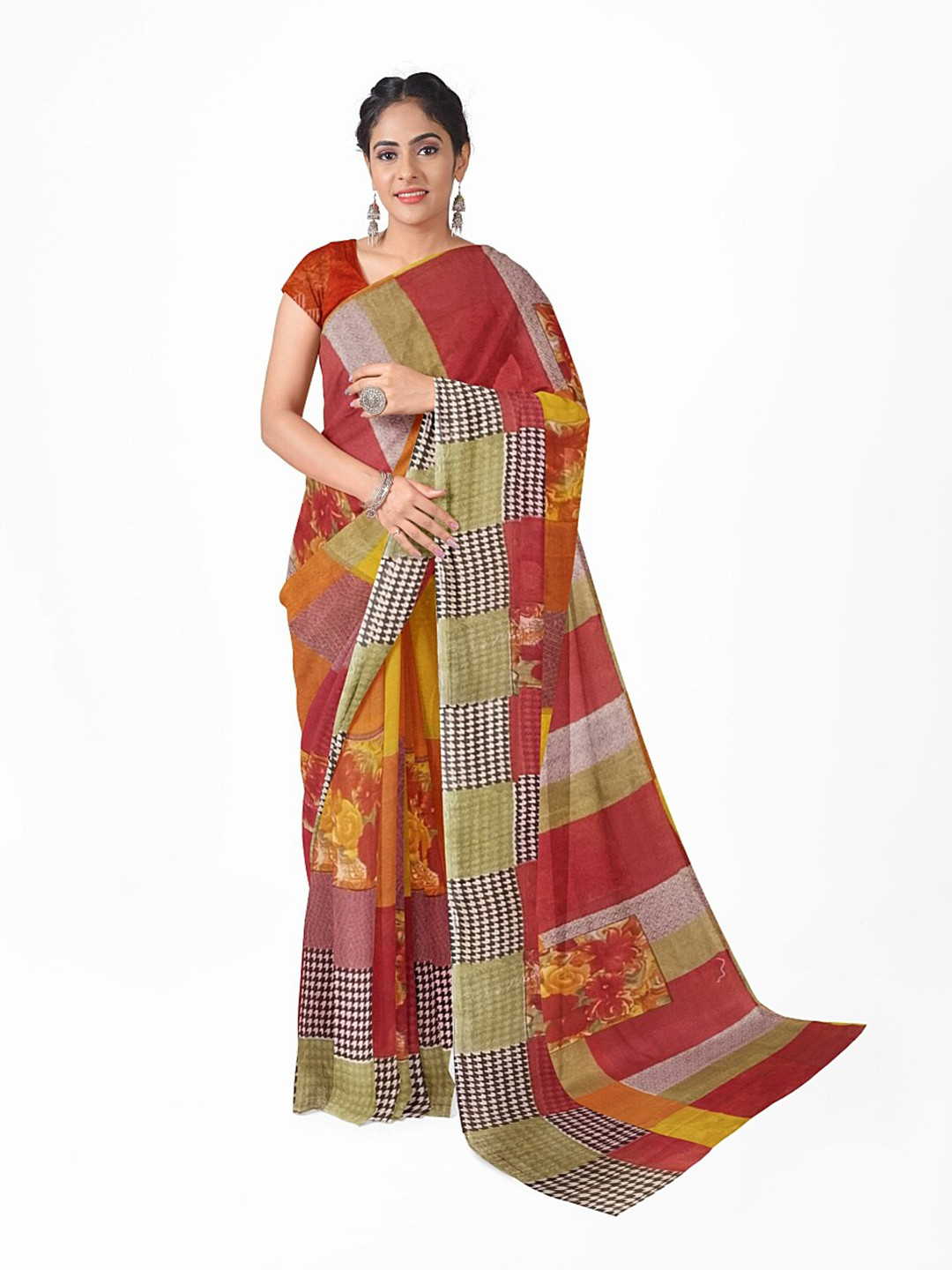 

SAADHVI Red & Yellow Ethnic Motifs Pure Georgette Fusion Saree