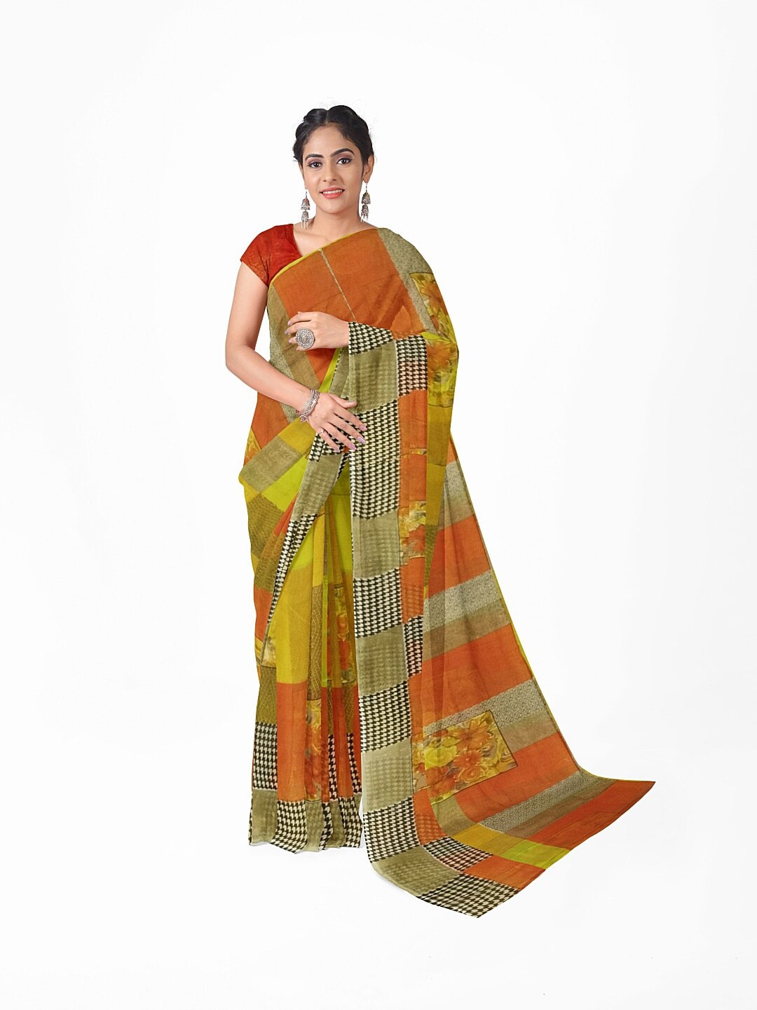 

SAADHVI Yellow & Orange Ethnic Motifs Pure Georgette Fusion Saree