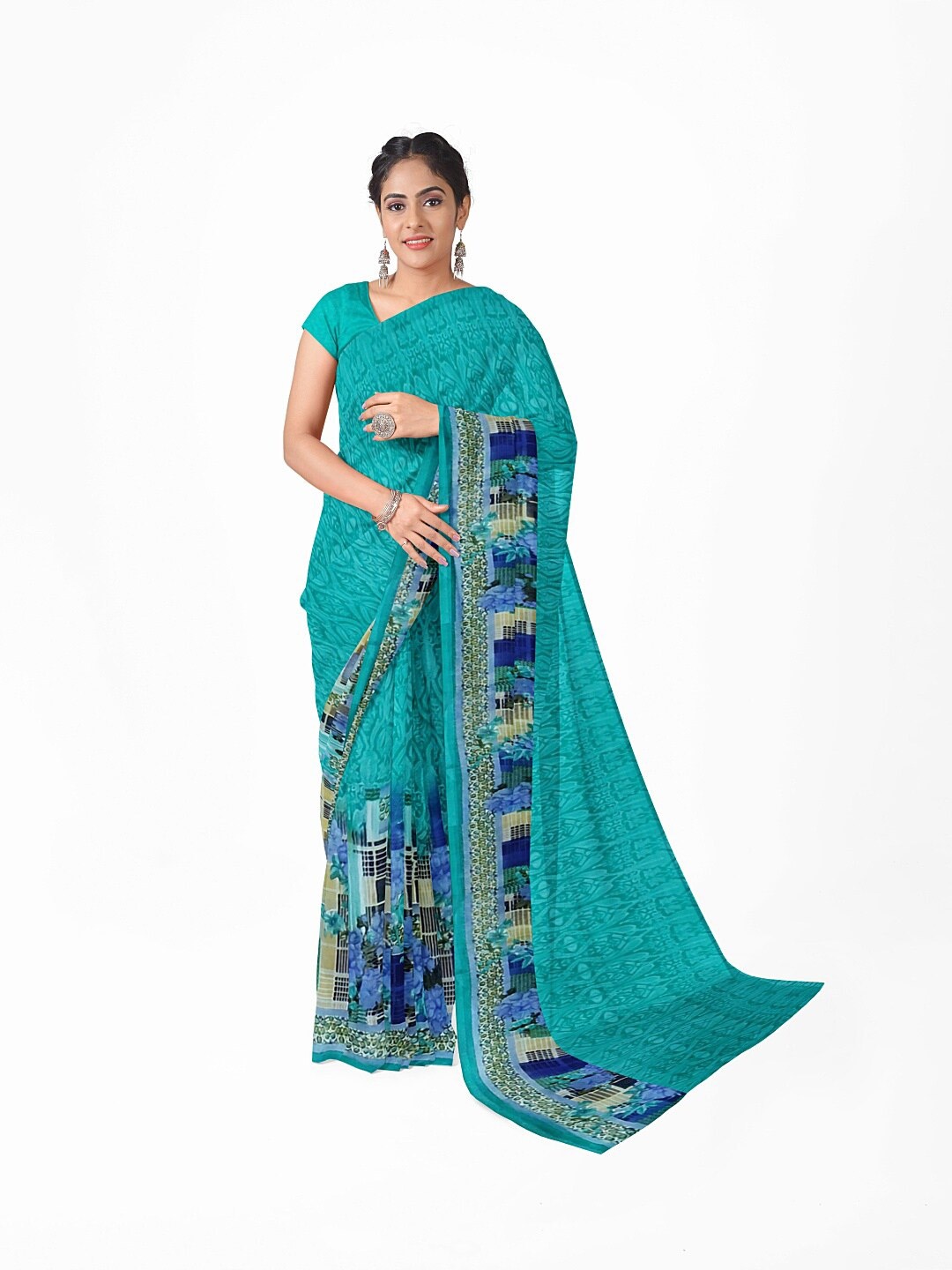 

SAADHVI Teal & Green Floral Pure Georgette Fusion Dharmavaram Saree