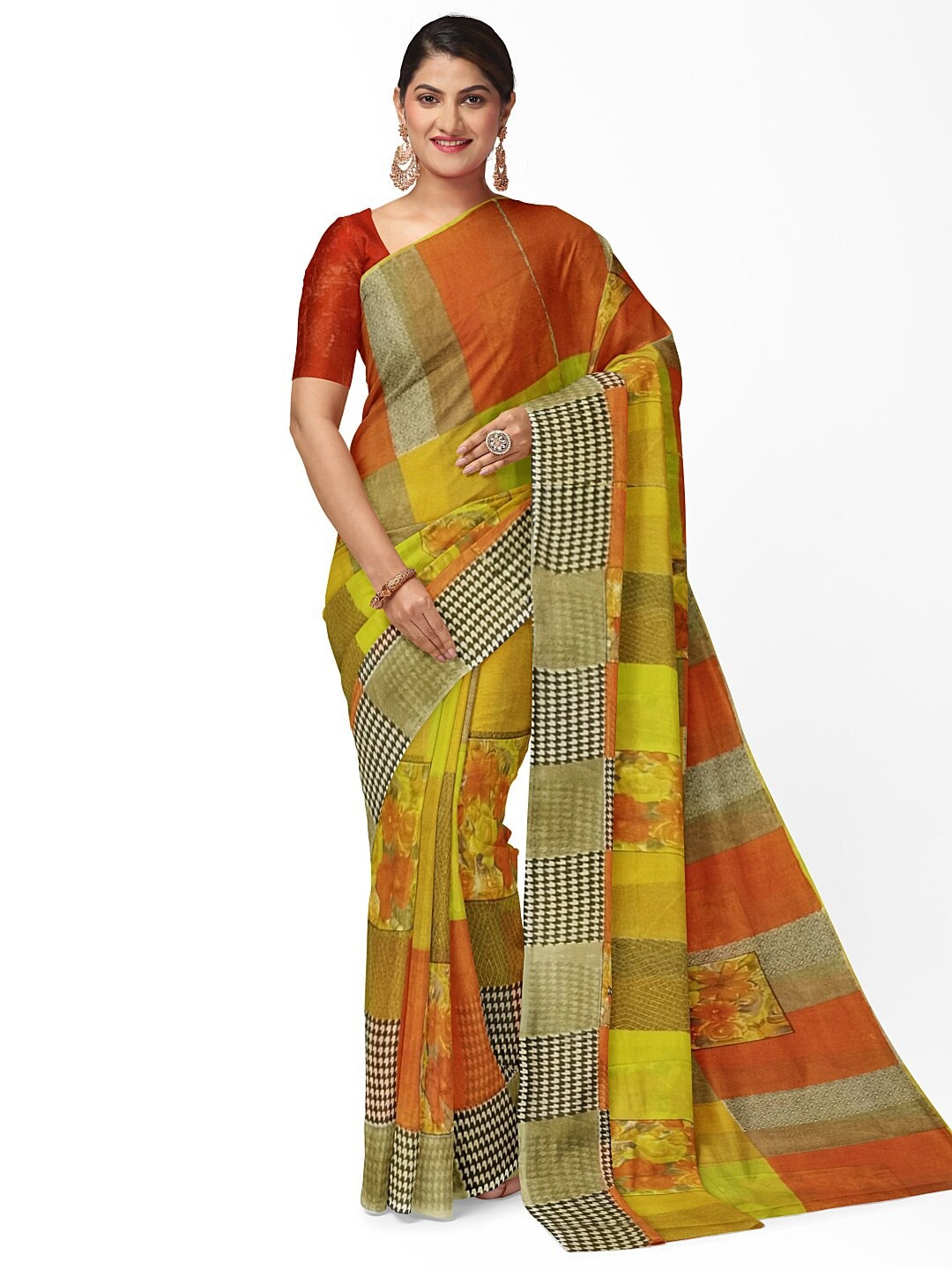 

SAADHVI Women Yellow & Orange Ethnic Motifs Pure Georgette Fusion Dharmavaram Saree