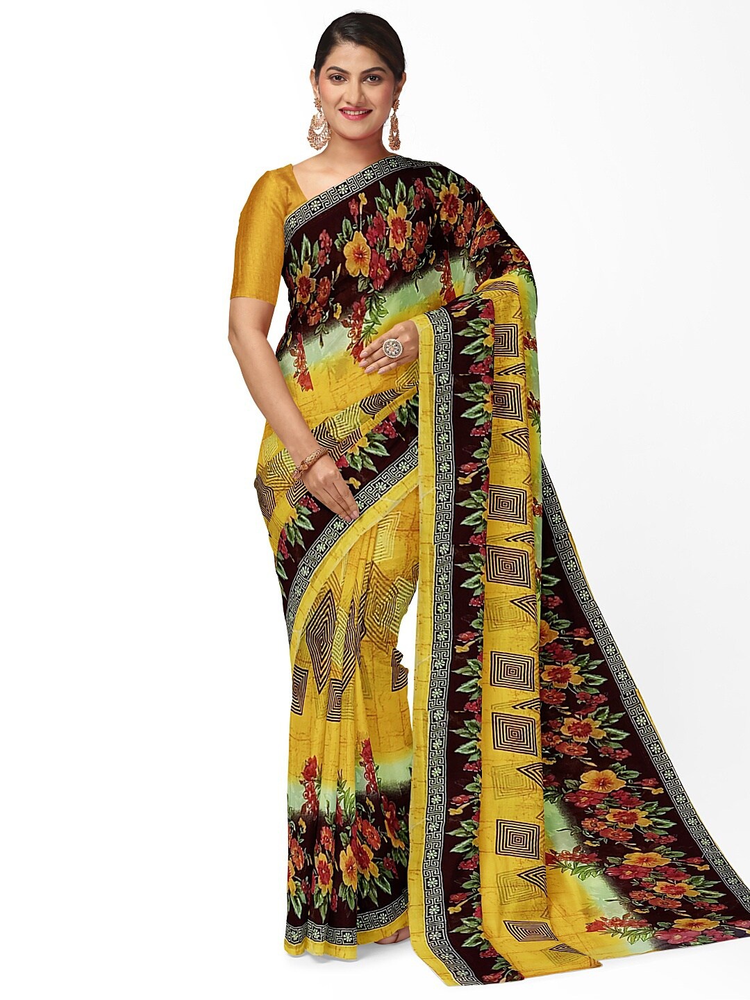 SAADHVI Yellow & Brown Floral Pure Georgette Saree