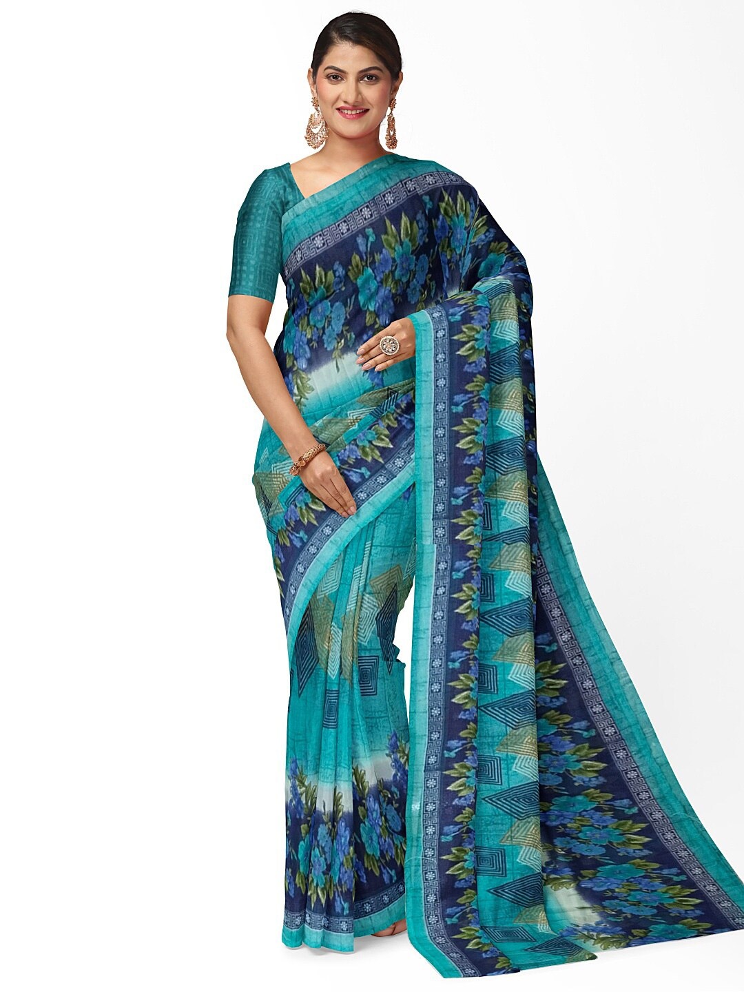 

SAADHVI Green & Blue Floral Pure Georgette Fusion Dharmavaram Saree