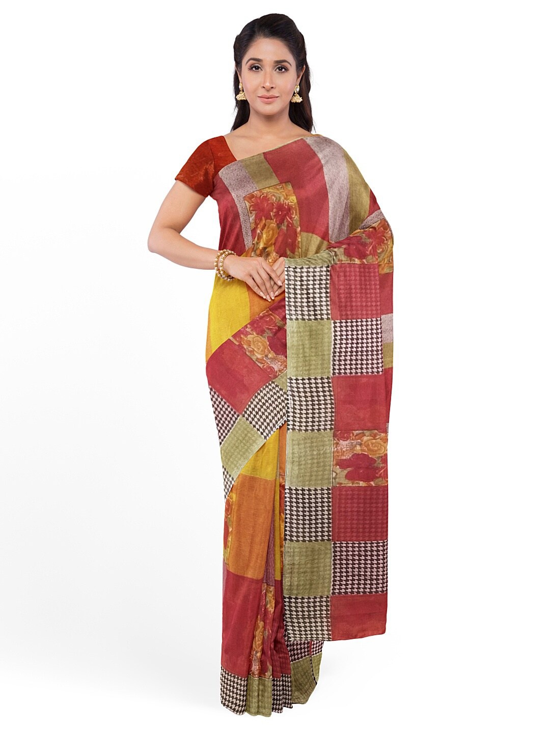 

SAADHVI Red & Yellow Floral Pure Georgette Saree