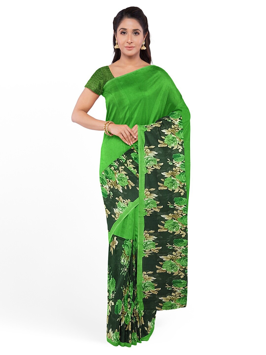 

SAADHVI Green Floral Pure Georgette Saree