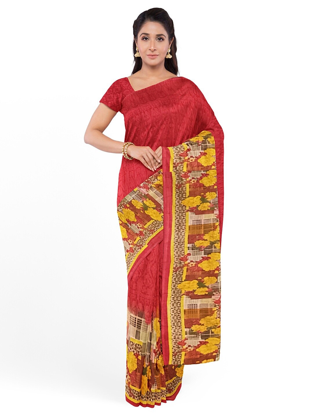 

SAADHVI Red & Yellow Floral Pure Georgette Fusion Dharmavaram Saree