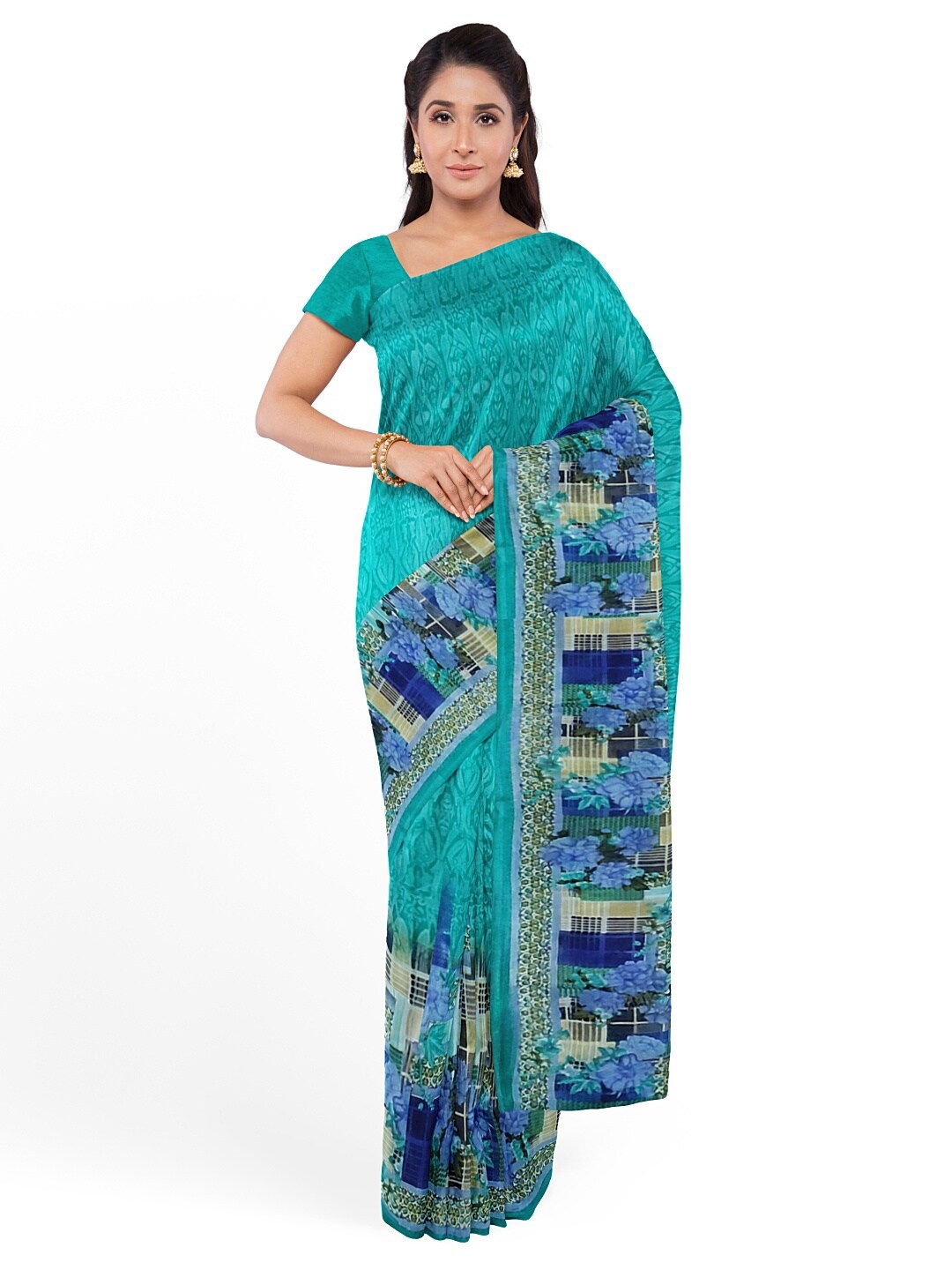 

SAADHVI Teal Floral Pure Georgette Fusion Dharmavaram Saree