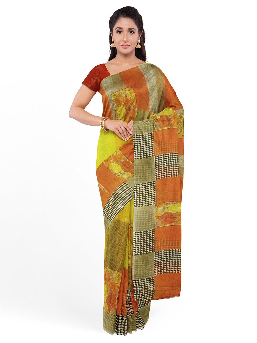 

SAADHVI Yellow & Orange Ethnic Motifs Pure Georgette Fusion Dharmavaram Saree