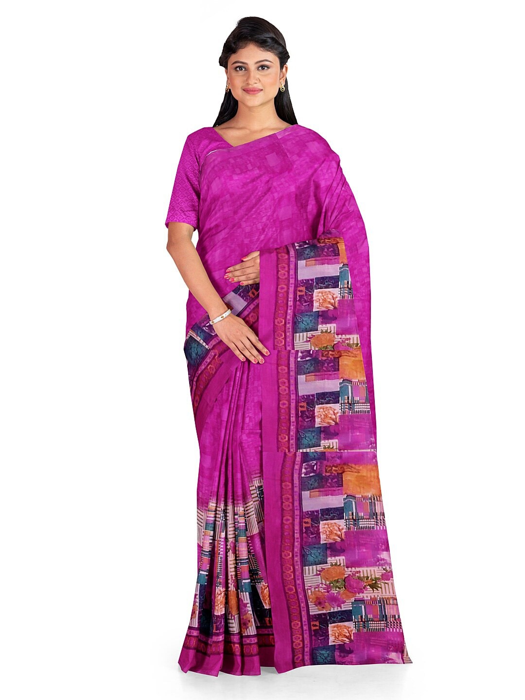 

SAADHVI Pink & Yellow Colourblocked Pure Georgette Fusion Dharmavaram Saree