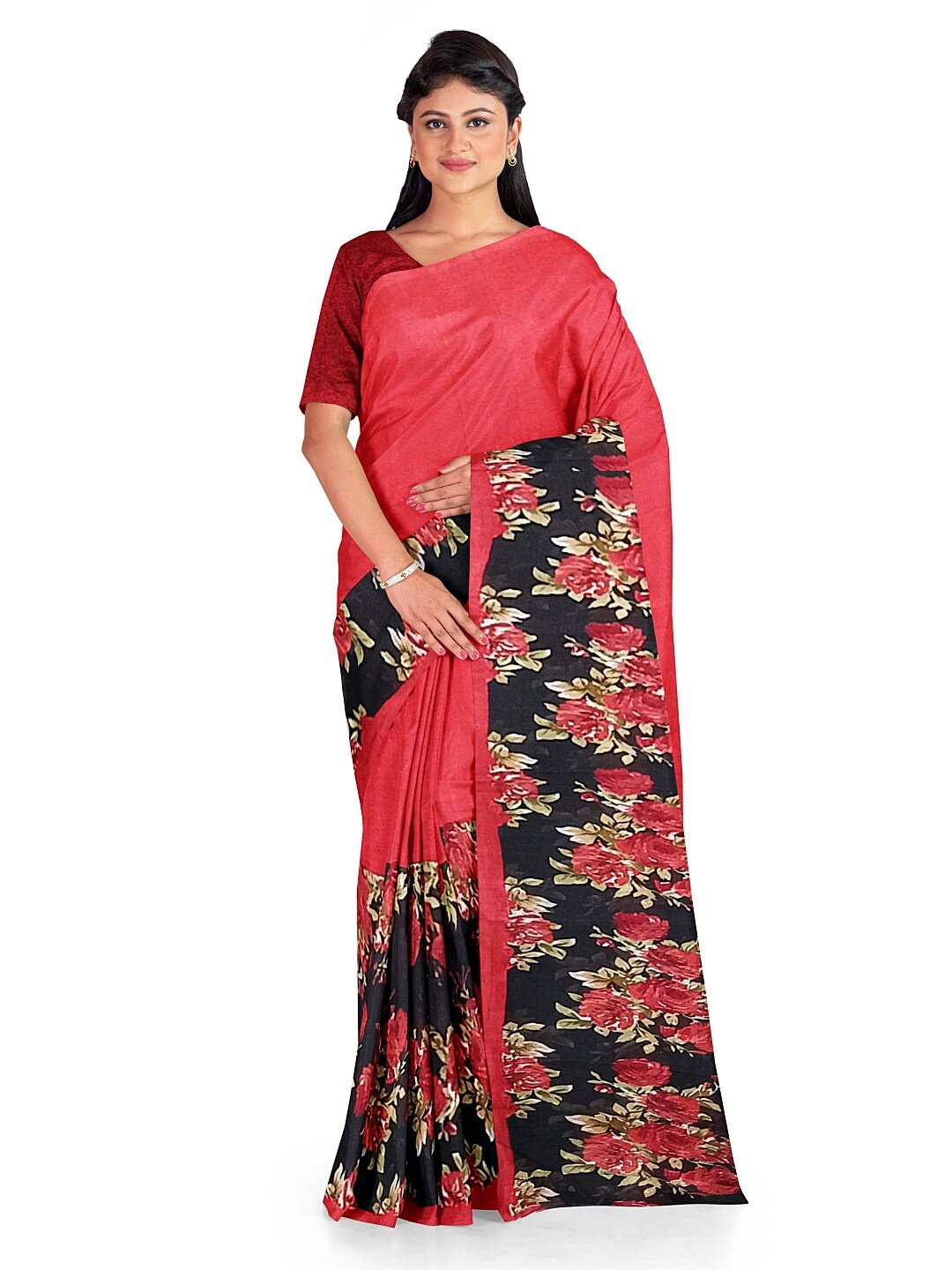 

SAADHVI Red & Black Floral Pure Georgette Fusion Dharmavaram Saree