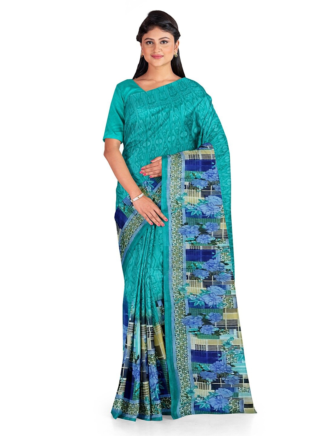 

SAADHVI Teal & Green Floral Pure Georgette Fusion Dharmavaram Saree