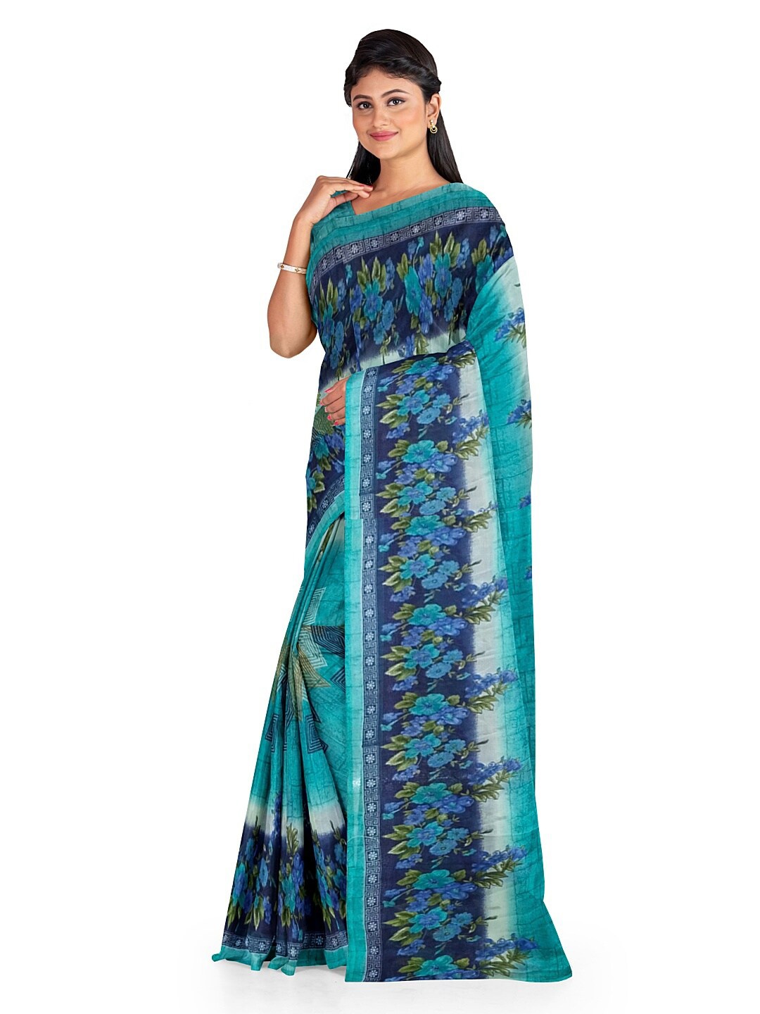 

SAADHVI Green & Black Floral Pure Georgette Fusion Dharmavaram Saree