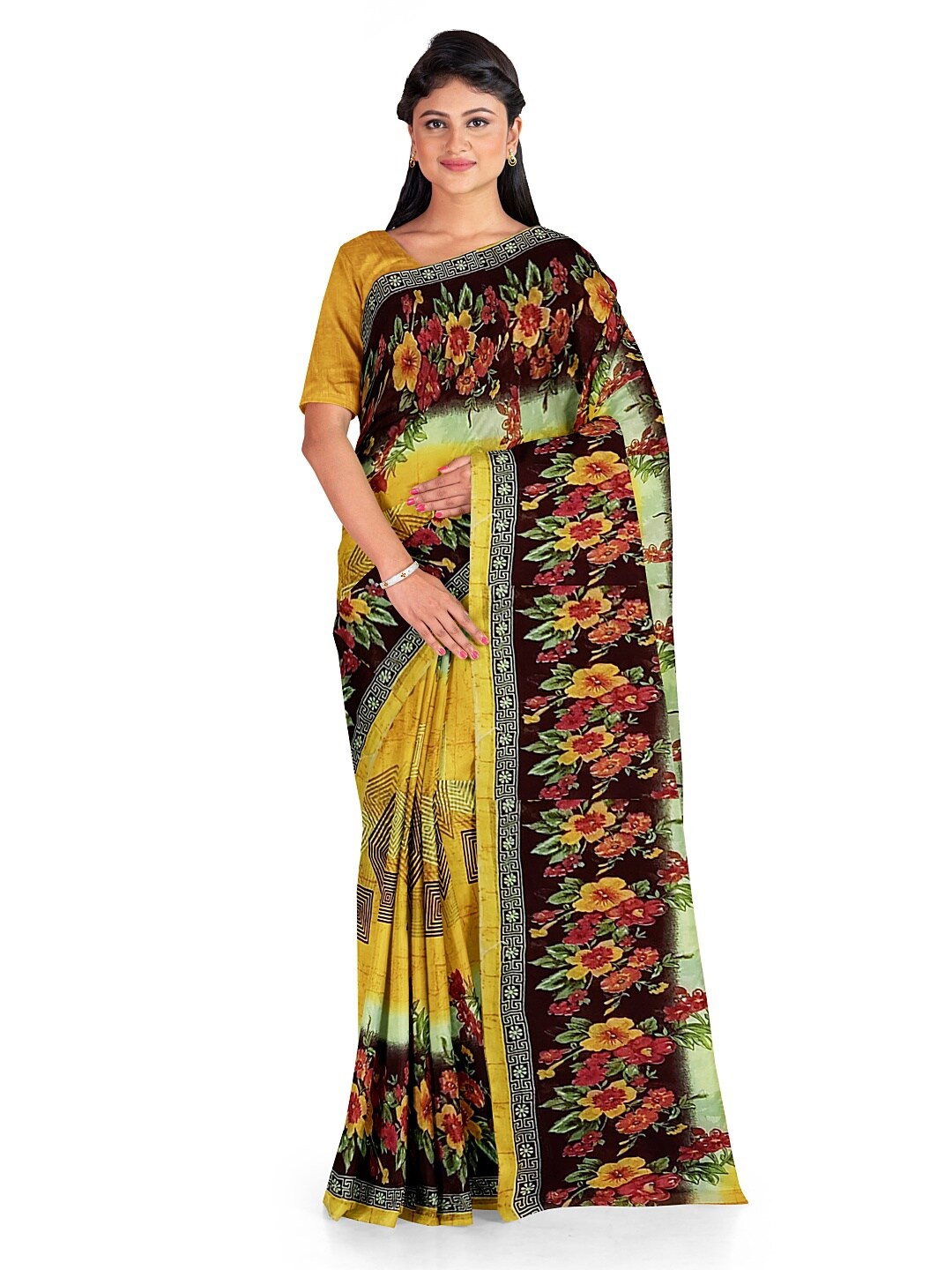 SAADHVI Women Yellow & Red Floral Pure Georgette Fusion Dharmavaram Saree