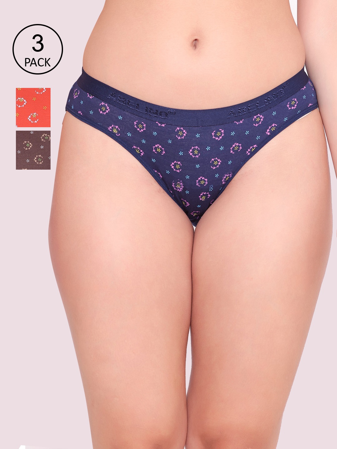 

ABELINO Women Pack Of 3 Floral Printed Hipster Cotton Briefs, Navy blue