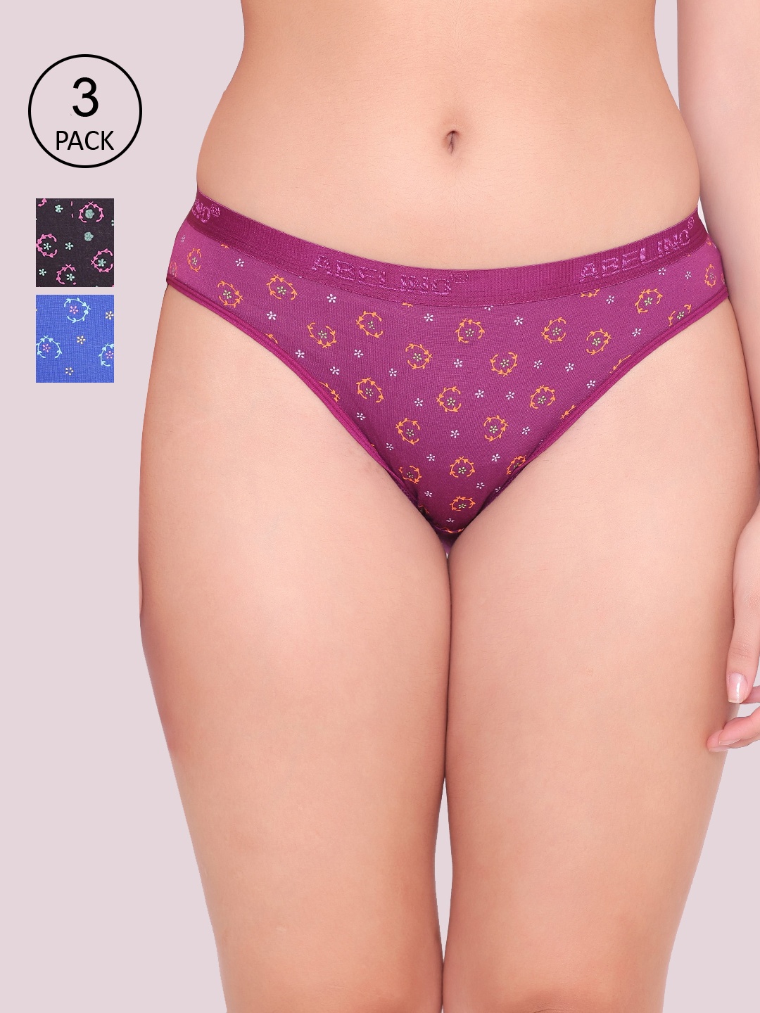 

ABELINO Women Pack Of 3 Floral Printed Hipster Briefs, Black