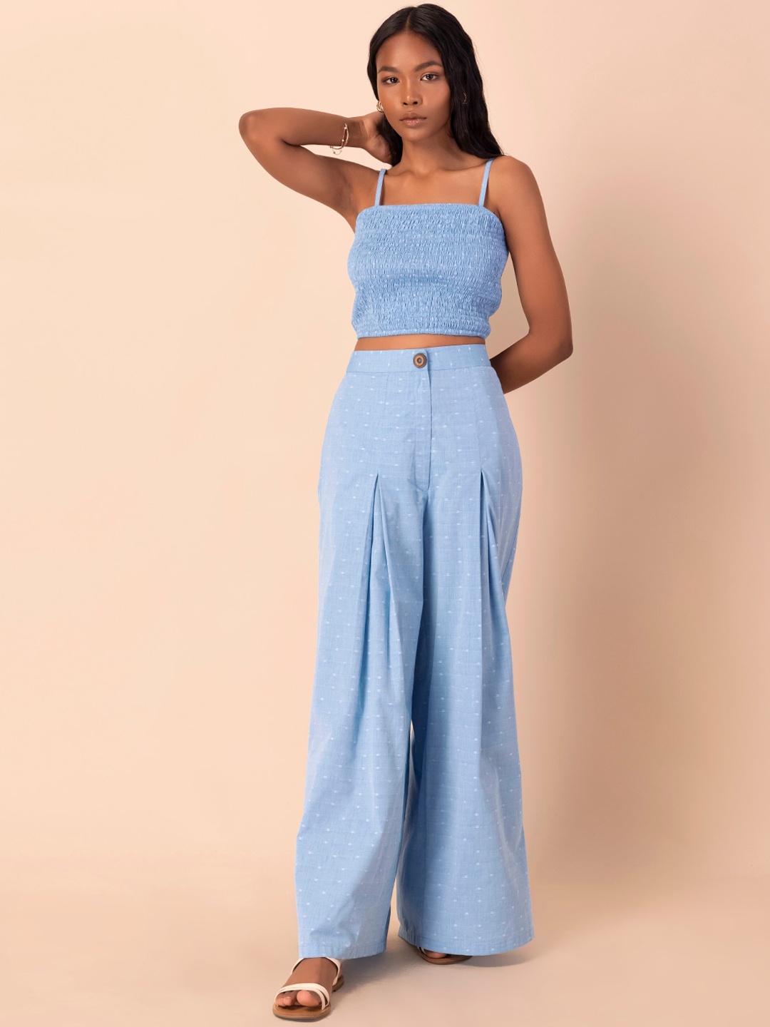 

Earthen BY INDYA Women Blue Cotton Smocked Pure Cotton Top With Palazzos