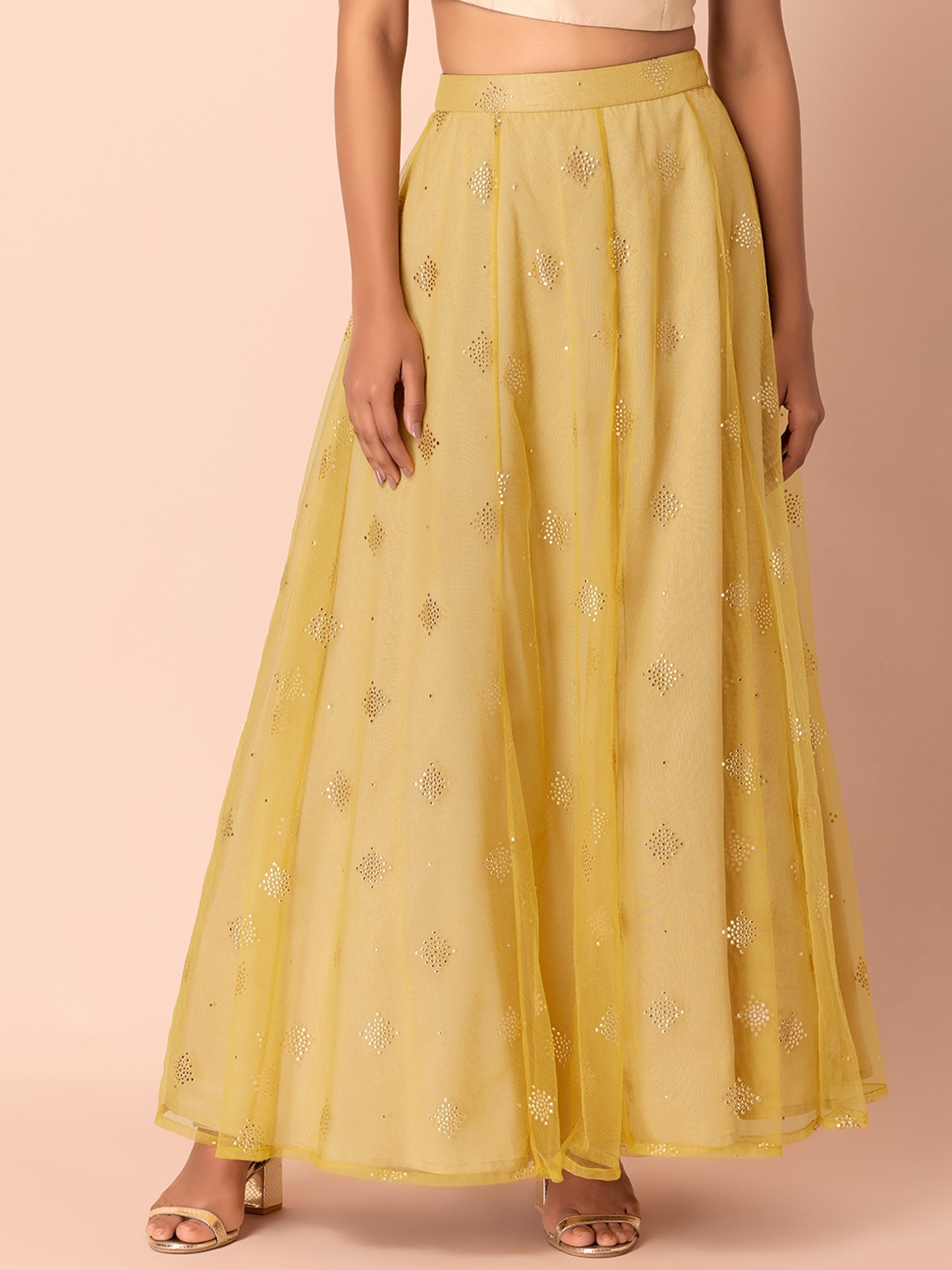 

INDYA Women Yellow Printed Embellished Maxi Flared Skirts