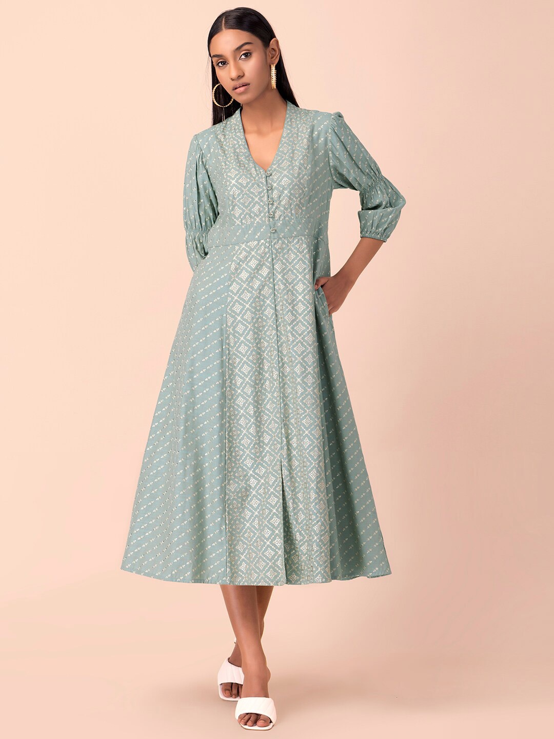 

Rang by Indya Women teal Printed A-Line Midi Dresses