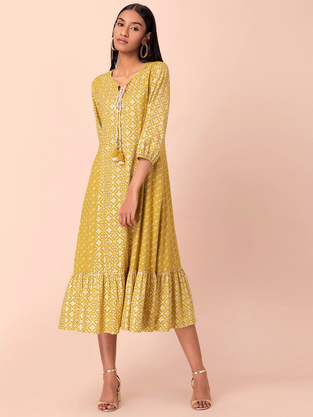 

Rang by Indya Yellow & White A-Line Midi Dress