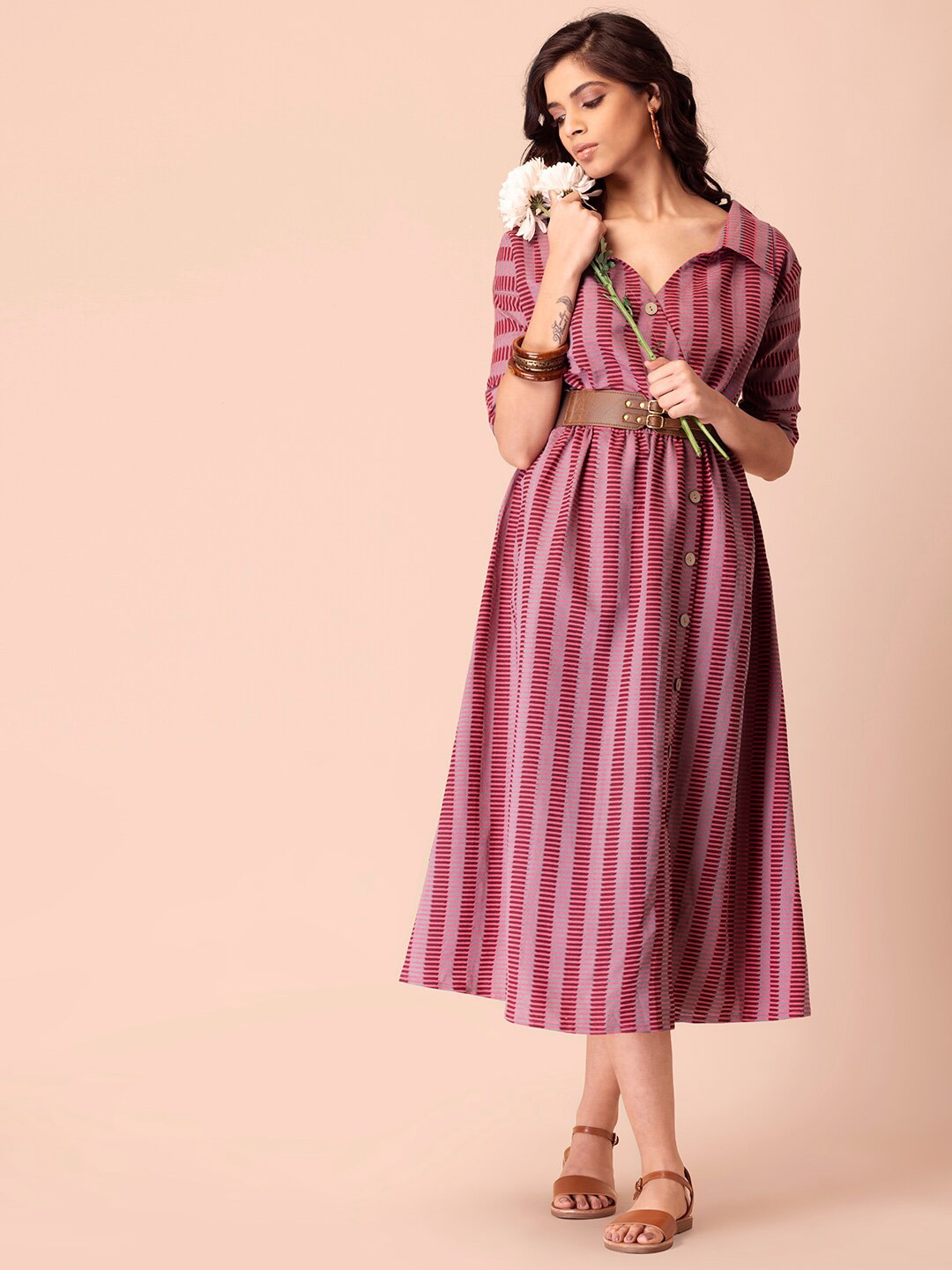 

INDYA Pink Striped Midi Dress