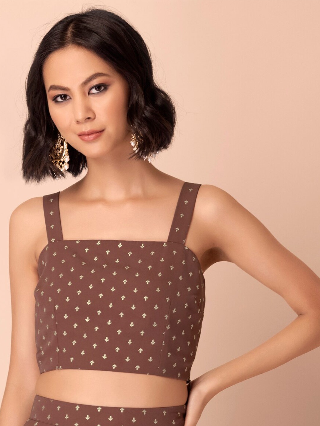 

Rang by Indya Women Pink Geometric Print Georgette Strappy Crop Top