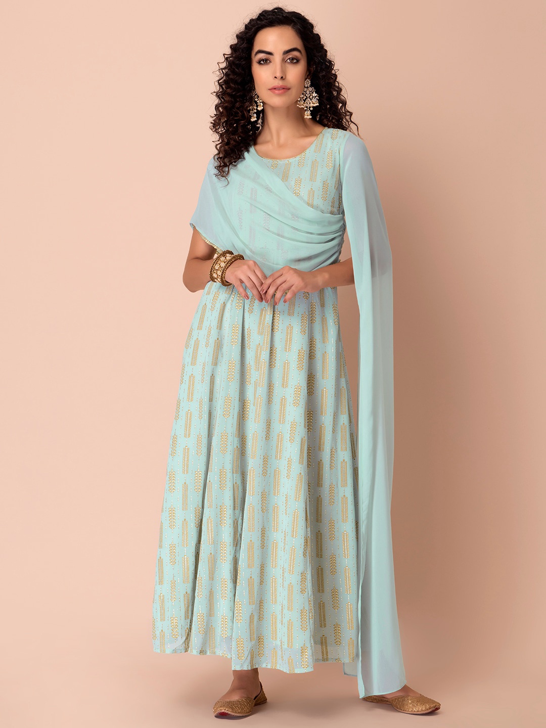 

INDYA Women Green & Golden Woven Design Anarakli Kurta with Attached Dupatta