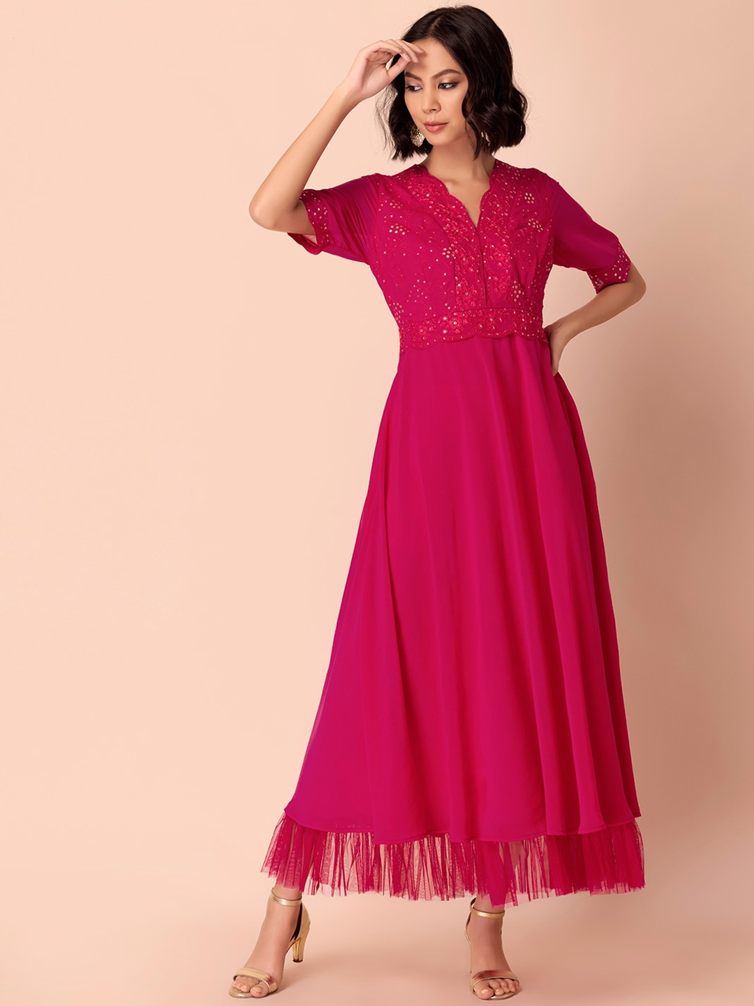 

INDYA Pink Sequins Embroidered Ethnic A-Line Maxi Dress
