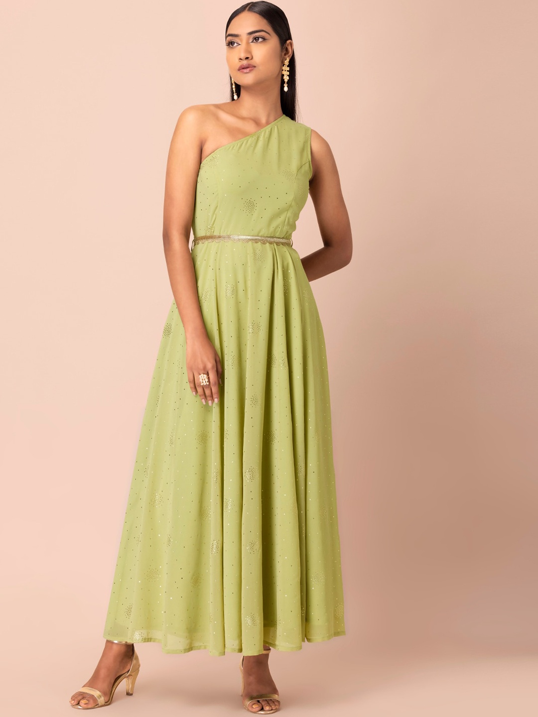 

INDYA Women Green & Golden Embroidered One Shoulder Belted Maxi Kurta