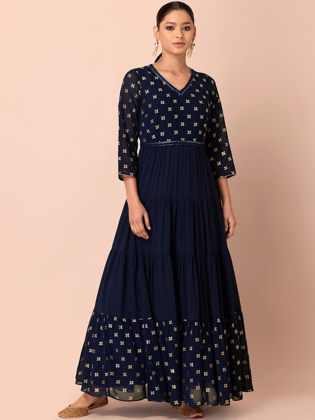 

INDYA Women Navy Blue Geometric Printed Georgette Anarkali Kurta