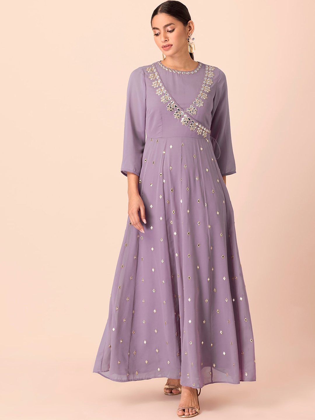 

Rang by Indya Women Lavender Embroidered Georgette Mirror Work Anarkali Kurta
