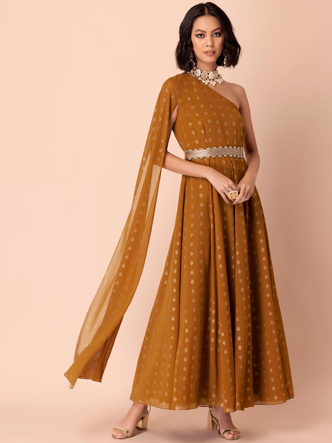 

INDYA Women Mustard One shoulder Georgette Anarkali Kurta, Yellow