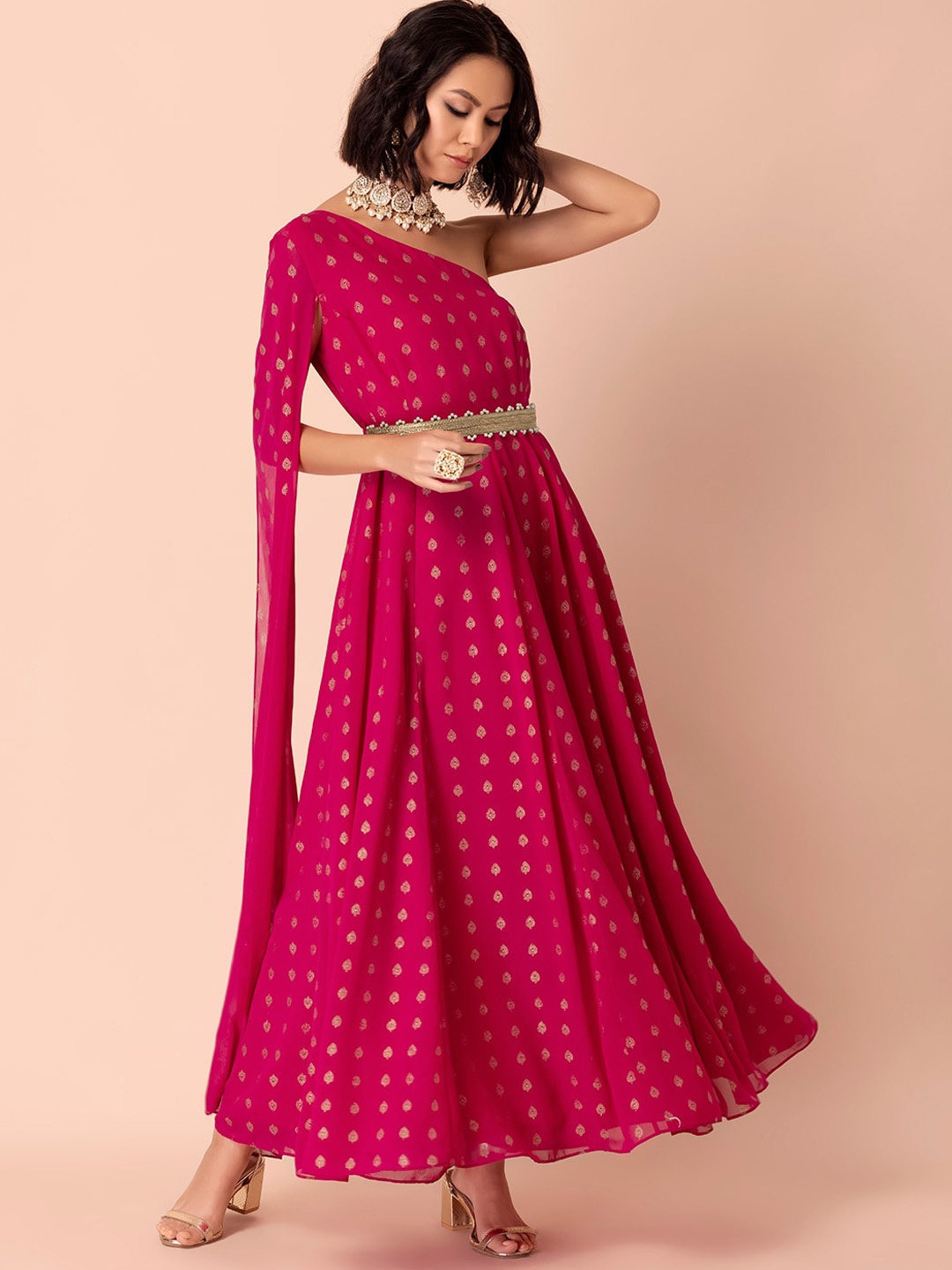 

INDYA Women Pink Ethnic Motifs Printed One Shoulder Dress