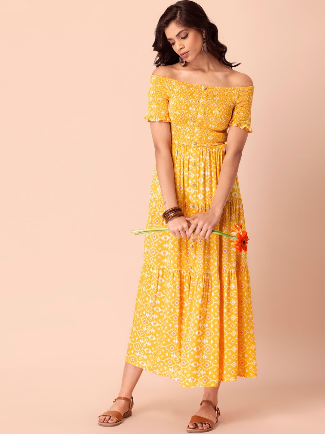 

INDYA Women Yellow Ethnic Motifs Dyed Off-Shoulder Anarkali Kurta