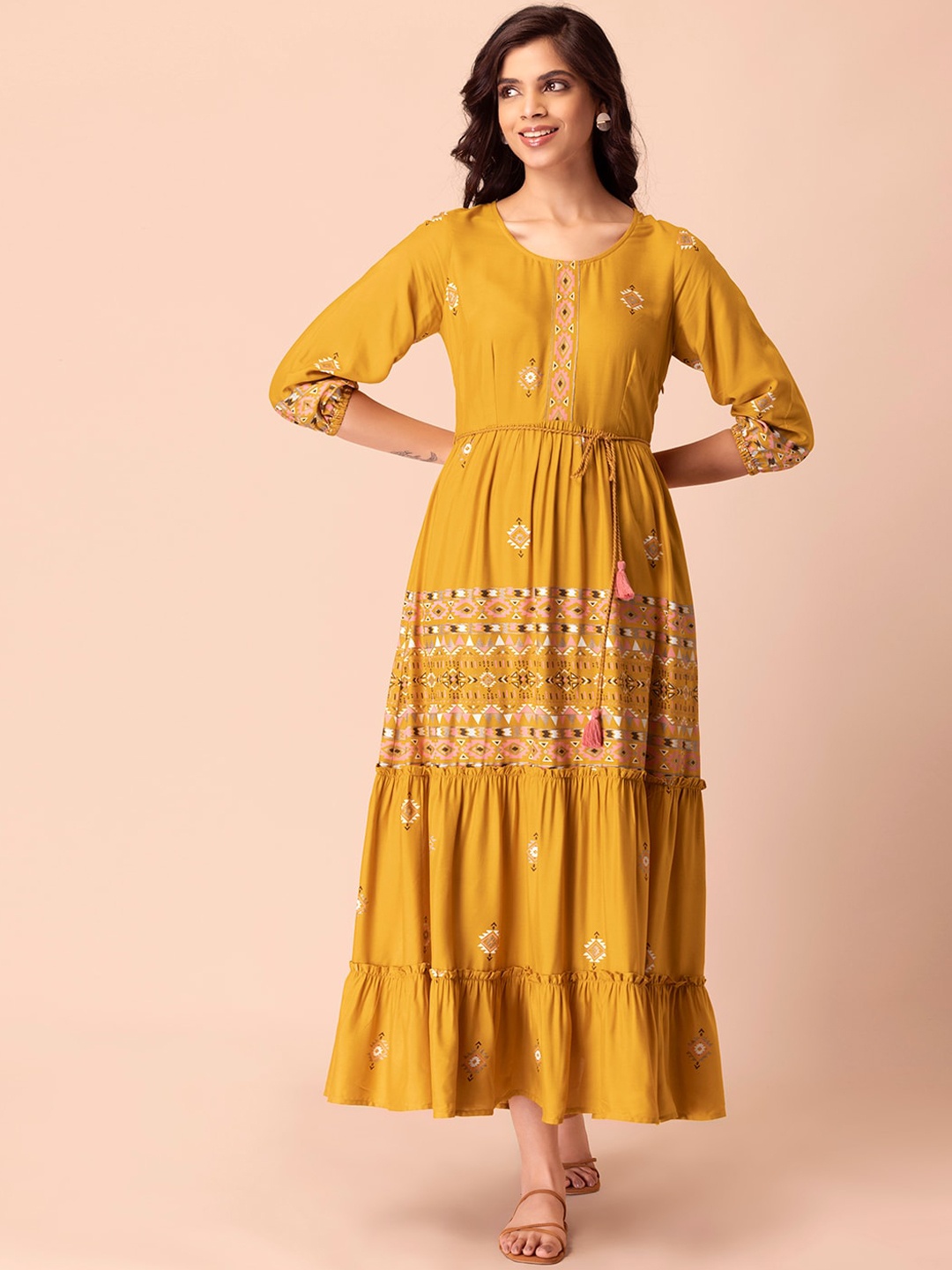 

Rang by Indya Women Yellow Printed A-Line Maxi Kurtas