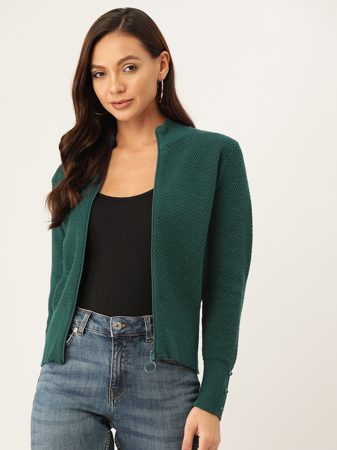 

Madame Women Teal Green Shimmer Geometric Self Design Cardigan