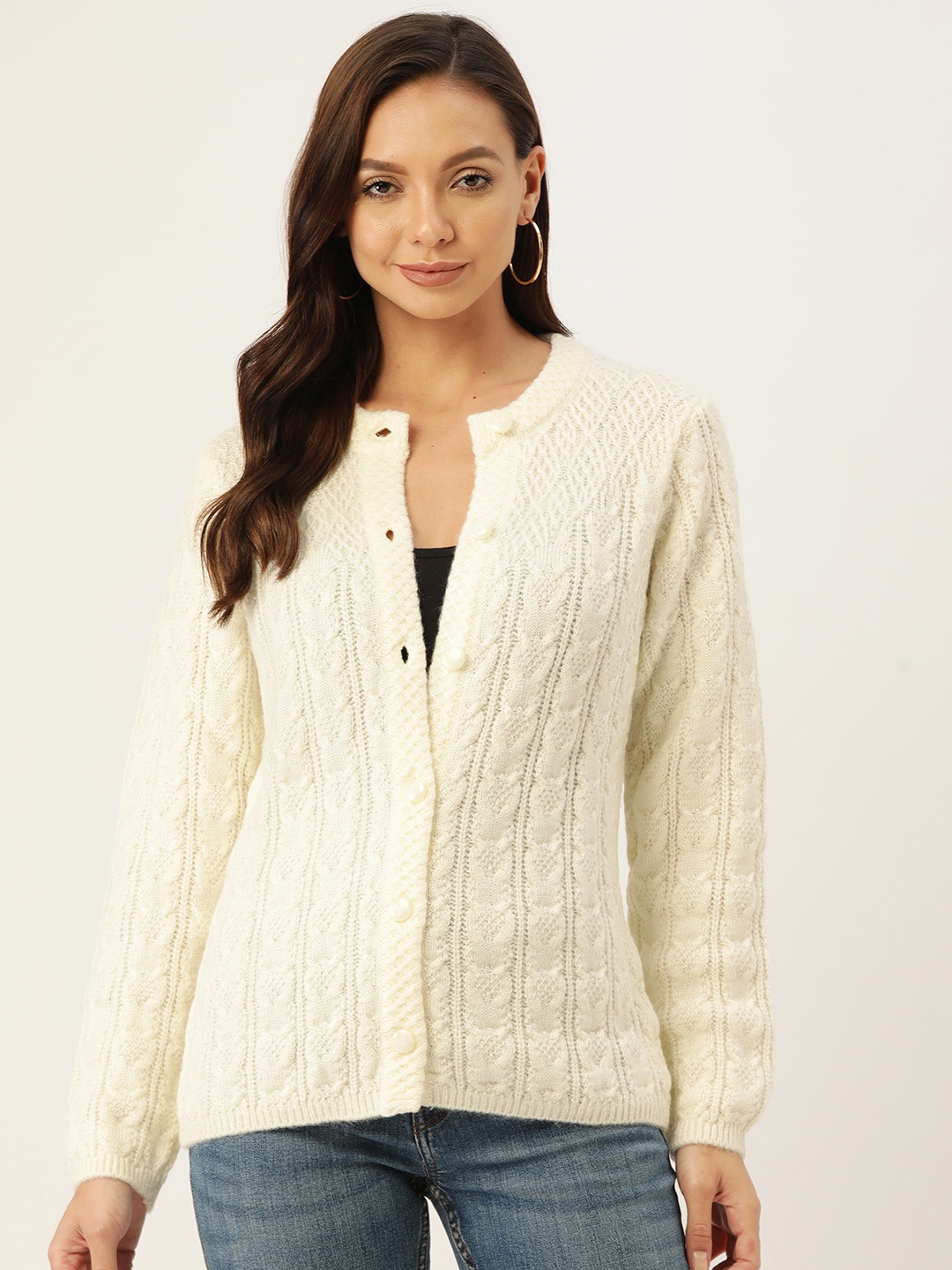 

Madame Women Off White Cable Knit Cardigan