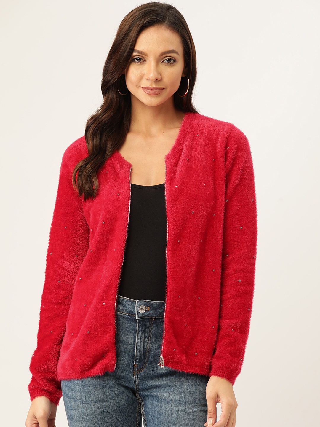 

Madame Women Red Cardigan with Fuzzy Detail