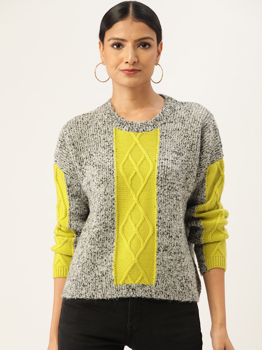 

Madame Women Grey & Lime Green Colourblocked Pullover