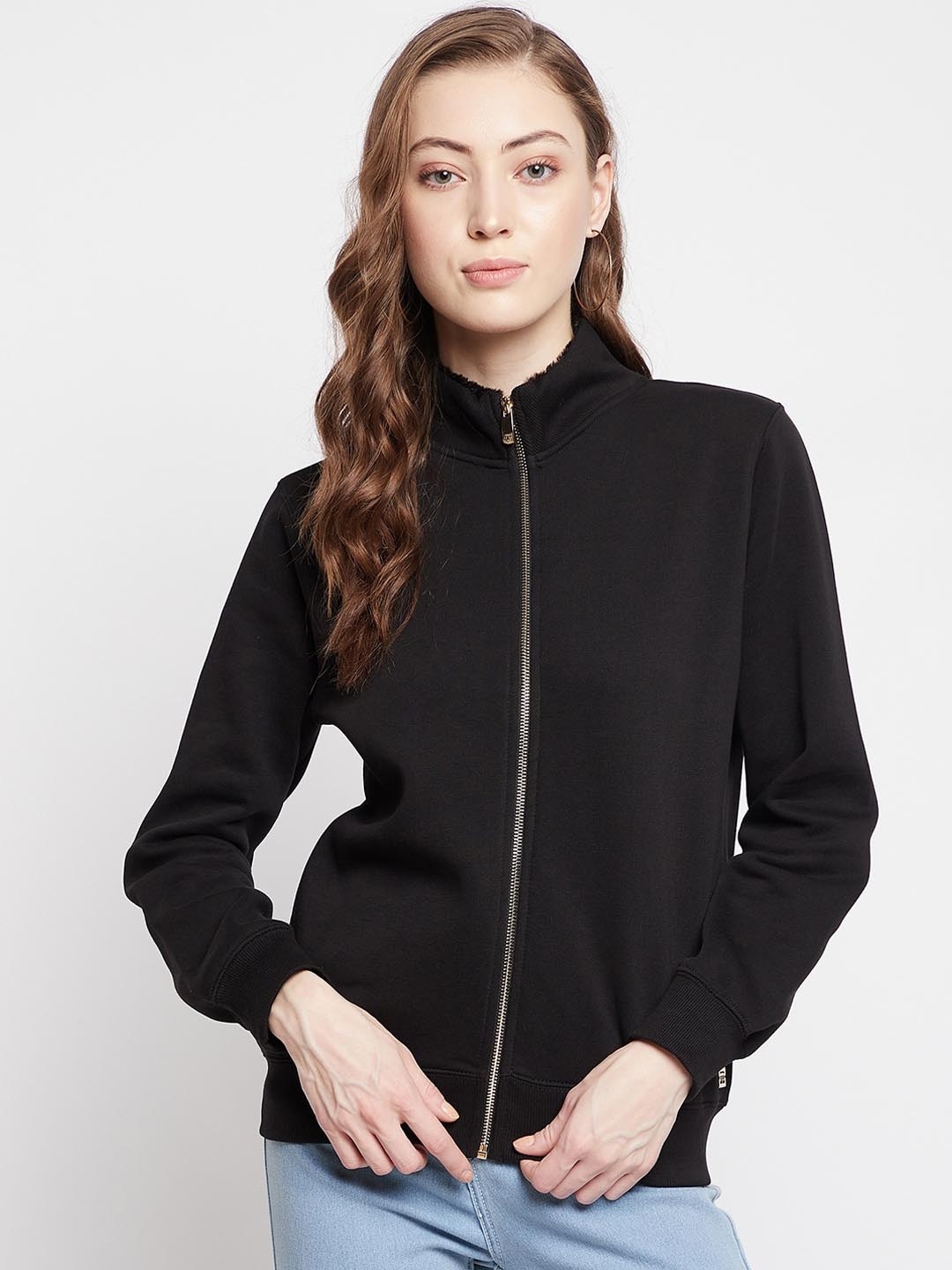 

Madame Women Black Solid Front-Open Sweatshirt