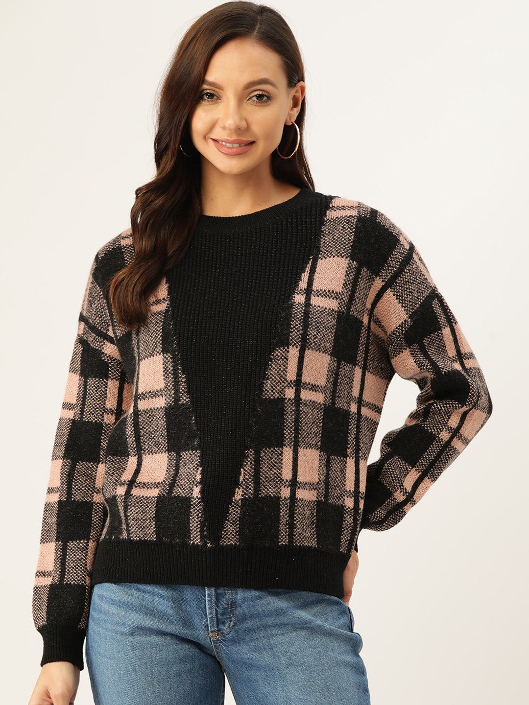 

Madame Women Black & Pink Checked Pullover