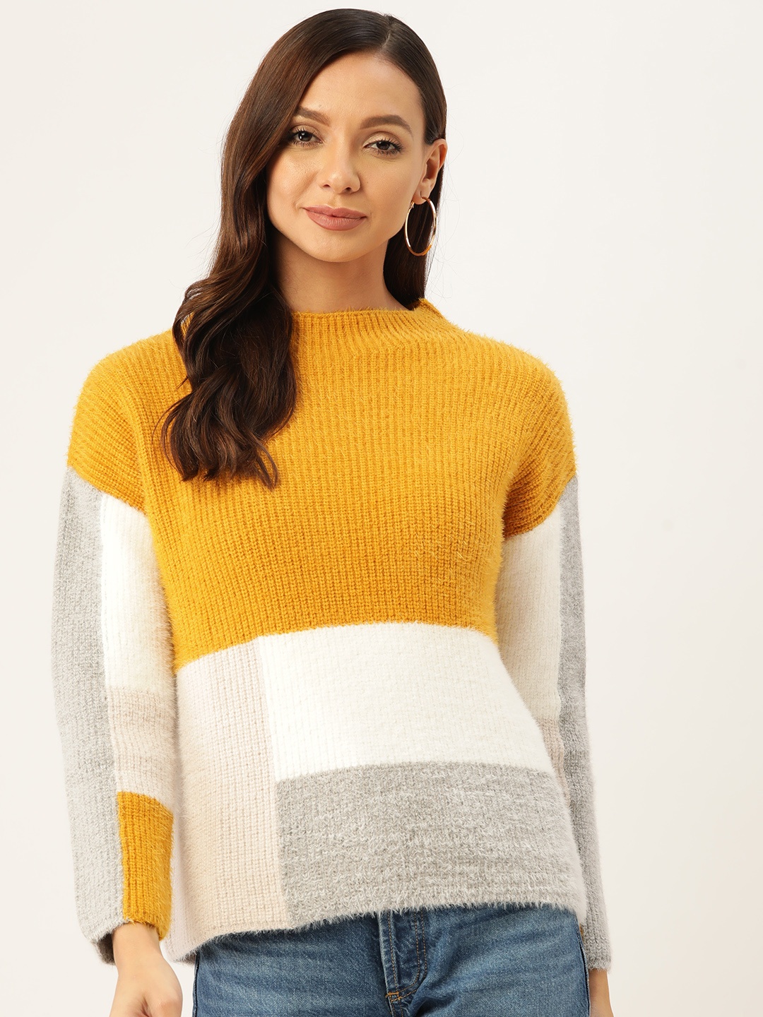 

Madame Women Mustard Yellow & White Colourblocked Pullover with Fuzzy Detail