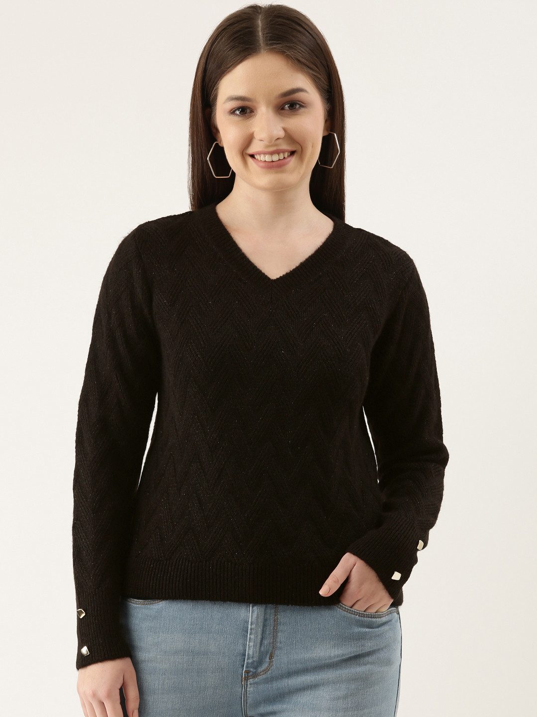 

Madame Women Black Geometric Design Pullover