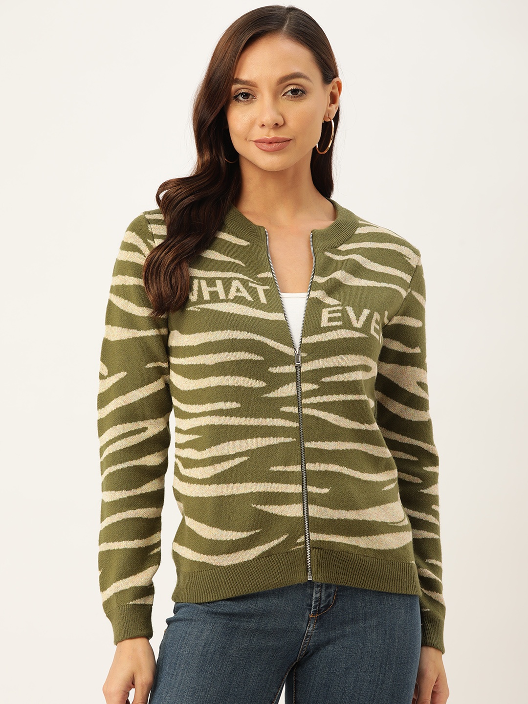 

Madame Women Olive Green & Off White Typography Cardigan
