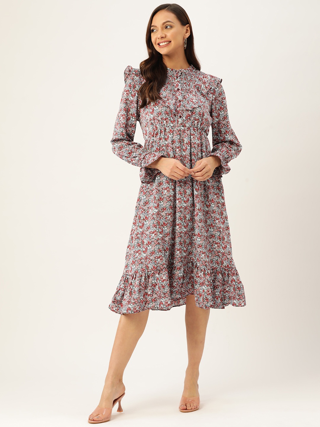 

Madame Green & Maroon Floral A-Line Midi Dress