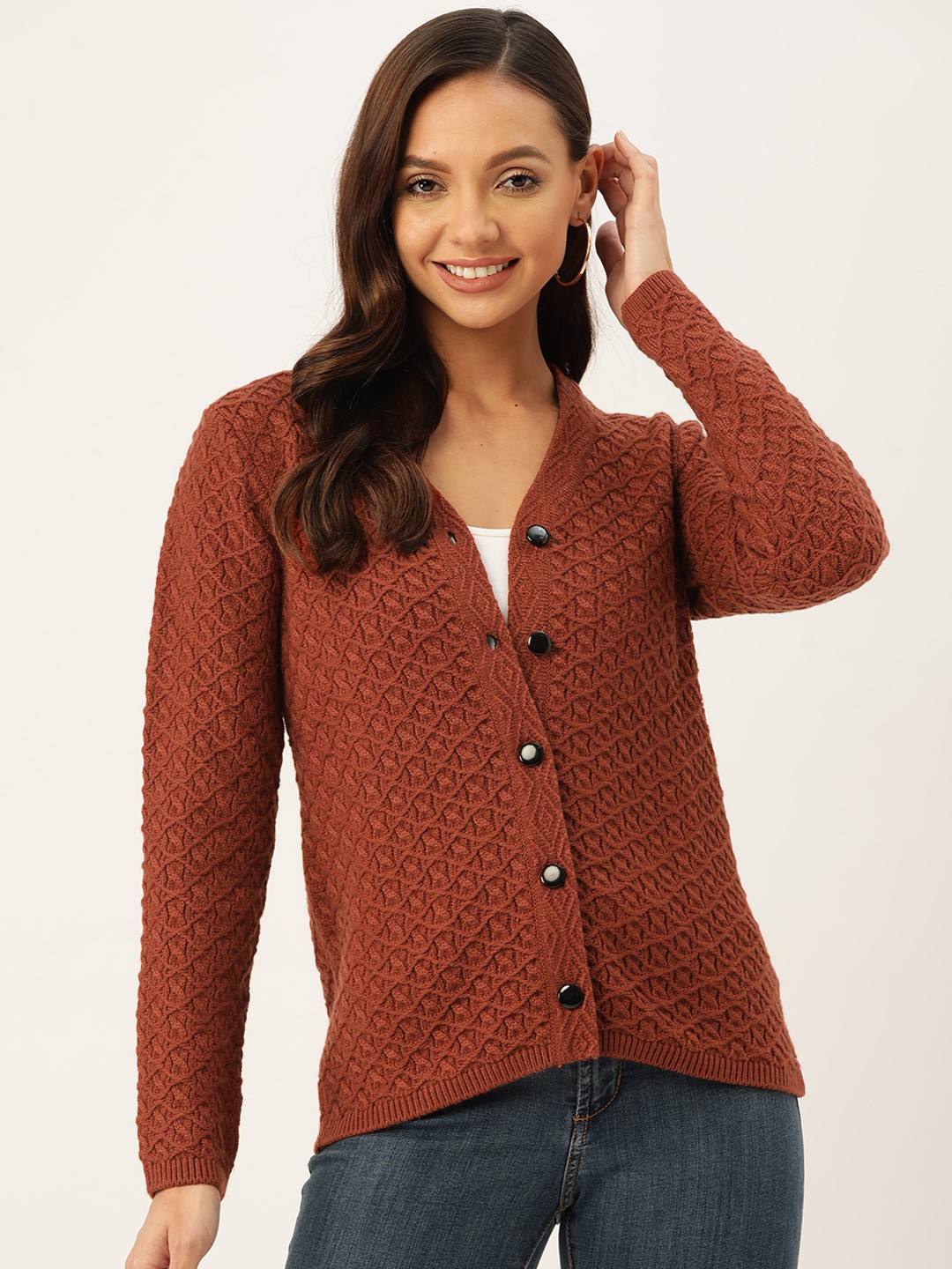 

Madame Women Rust Brown Self-Design Cardigan